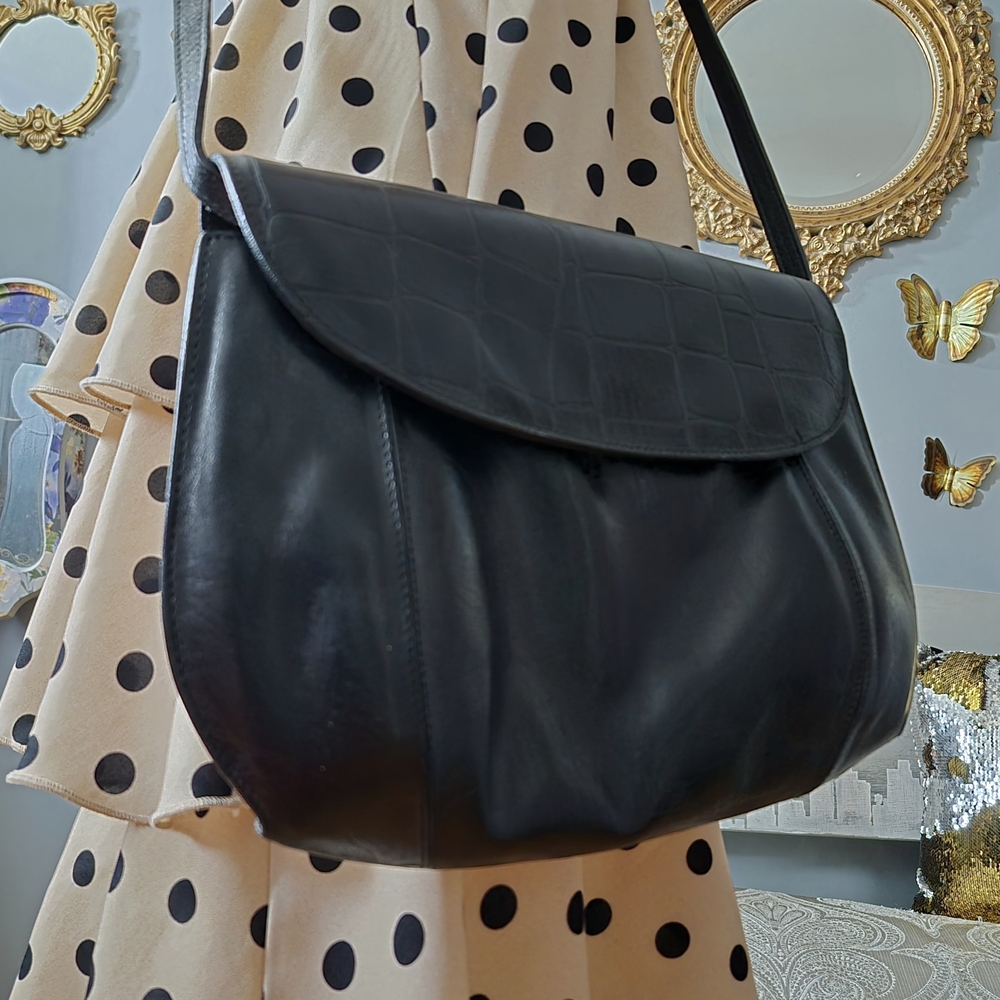 Genesis Black Leather Crossbody Bag with Croc-Embossed Flap - Picture 2 of 7